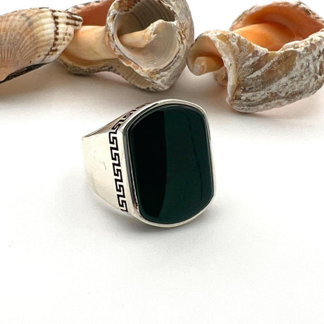 Men's Yemeni Aqeeq Stone Green Agate 925 Sterling Silver Ring - TryAladdin