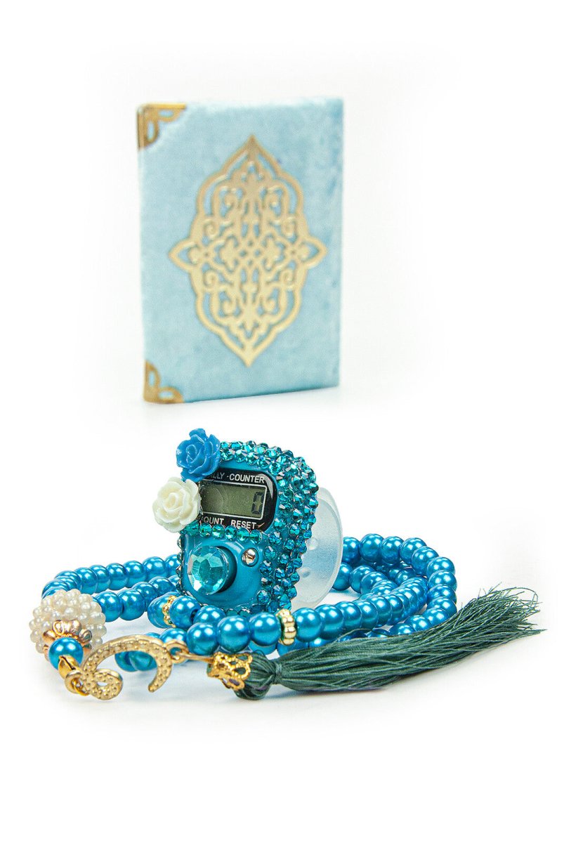 Mini Yasin, Crystal Stone Prayer Bead and Stone Designed Dhikrmatic Gift Set, Blue - TryAladdin