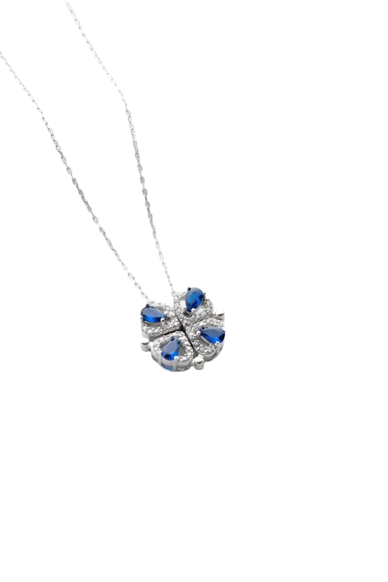 Nereze | Magnetized Detachable Rhodium Blue Zirconia Clover Necklace with 4 Hearts - TryAladdin