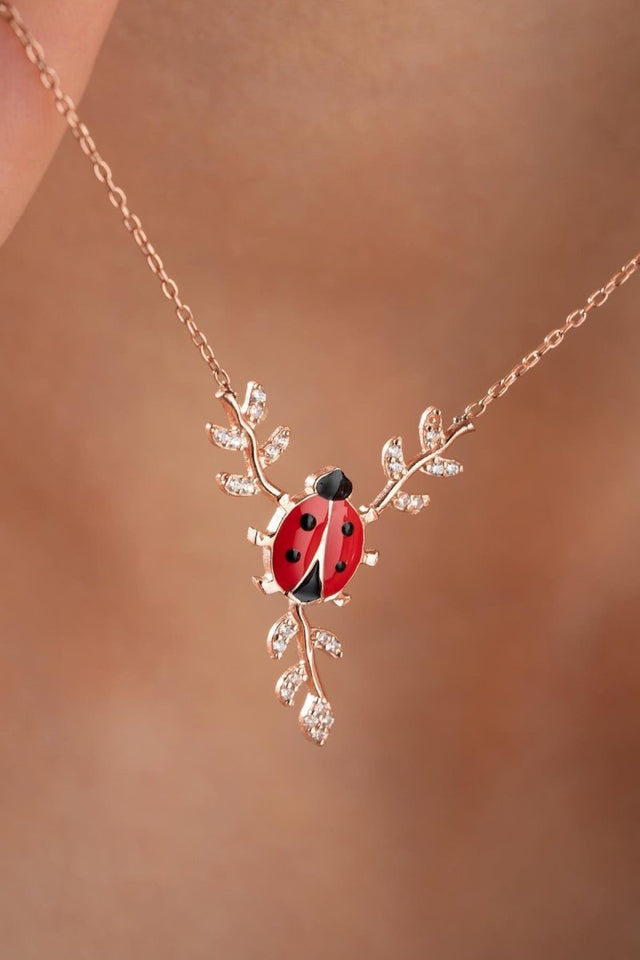 Nereze | Ladybug Necklace with Red Enamel on a Branch - TryAladdin