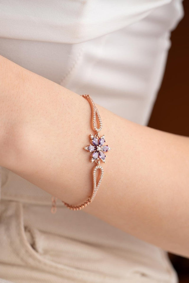 Nereze | Rose Purple Zircon Stone Flower Cuff Model Bracelet - TryAladdin