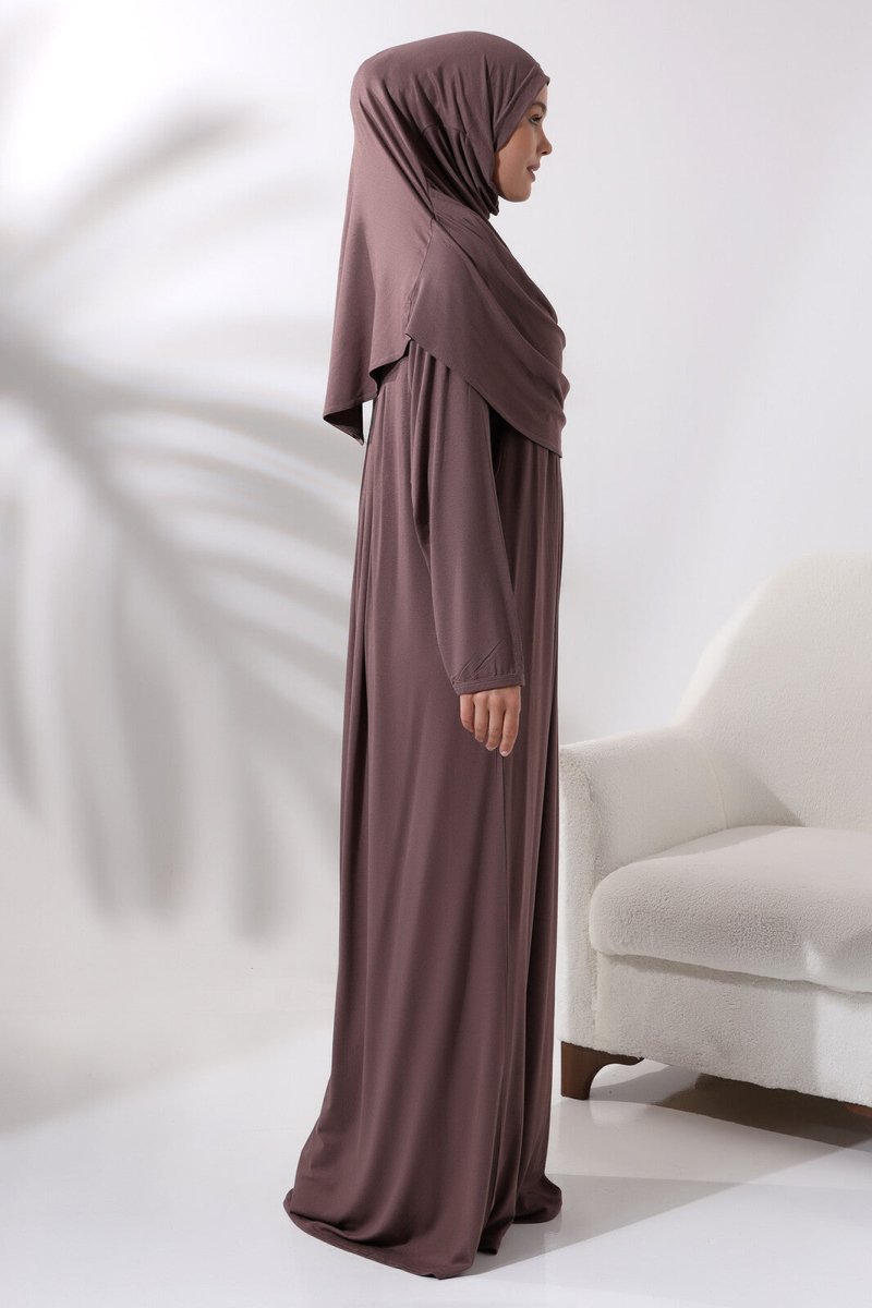 One Piece Practical Prayer Dress with Headscarf and Robe Milk Coffee - TryAladdin