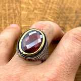 Oval Zircon Red Stone Handmade Silver Men's Ring - TryAladdin