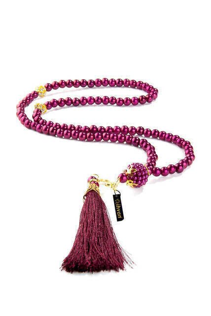 Pearl Tasbih with Waw and Ottoman Tugra, 99 Beads - Fuchsia - TryAladdin