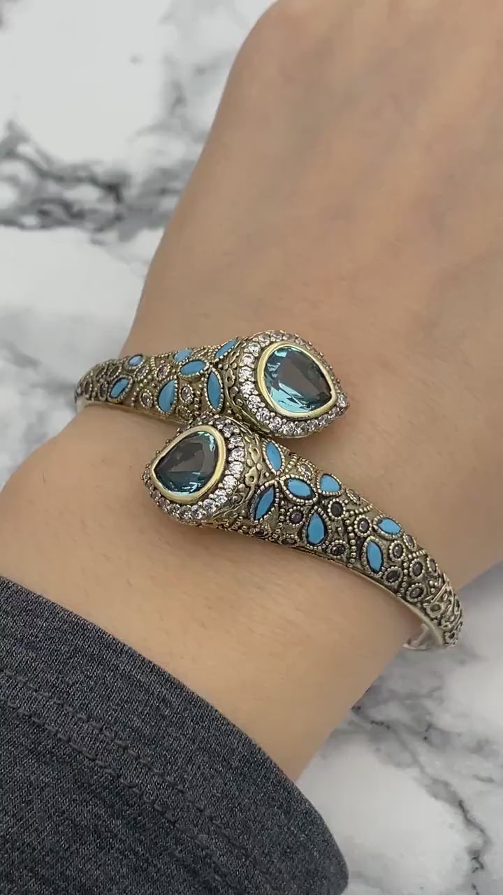 Istanbul Jewelry | Handmade Aquamarine Drop Ottoman Silver Bracelet