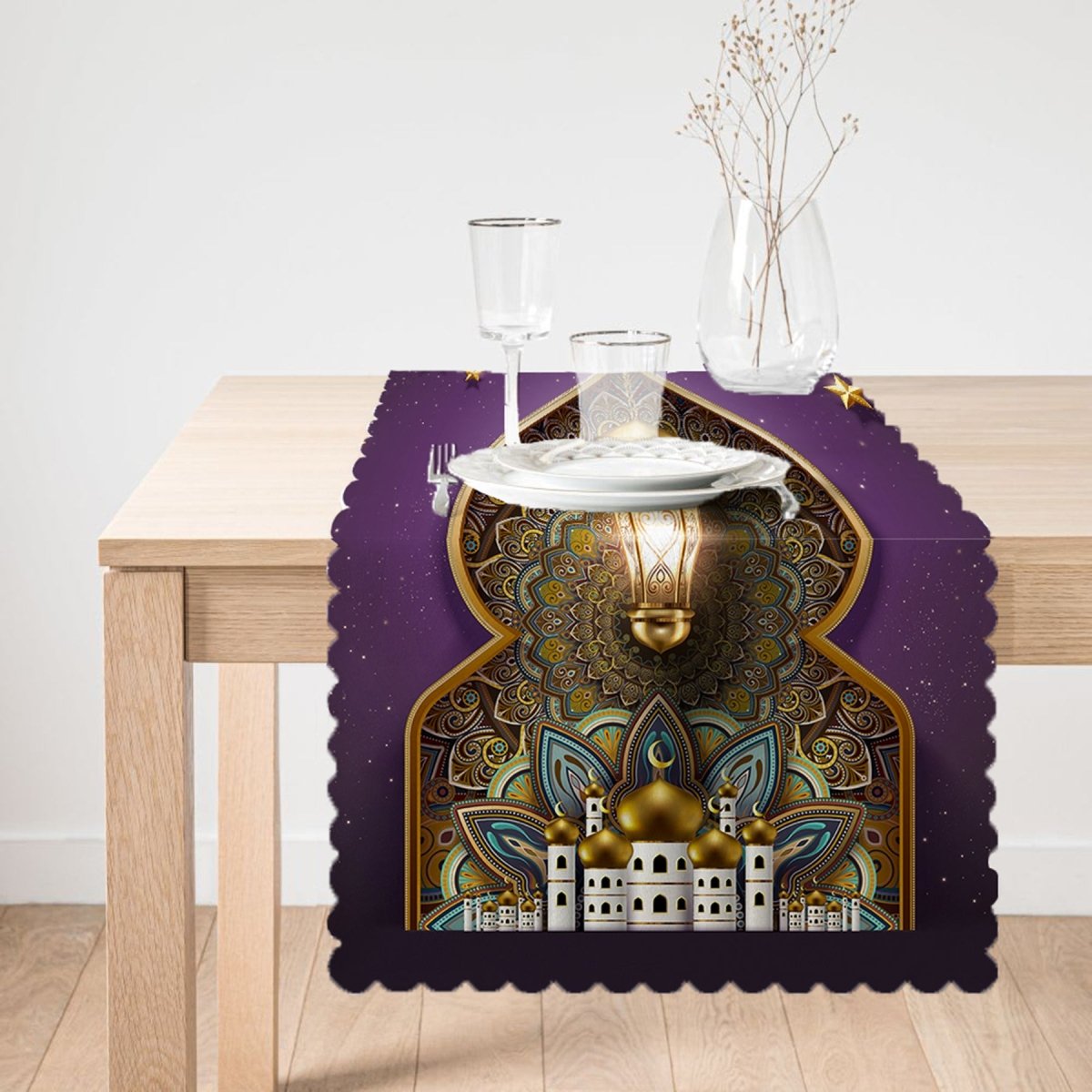 Purple Background with Islamic Patterns Ramadan - Themed Runner and Cushion Pillow Cover Set - TryAladdin