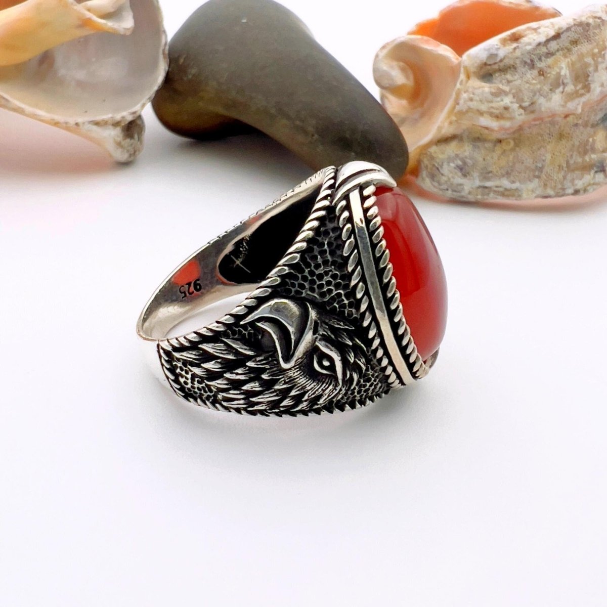 Red Oval Agate Stone Silver Men's Ring - TryAladdin