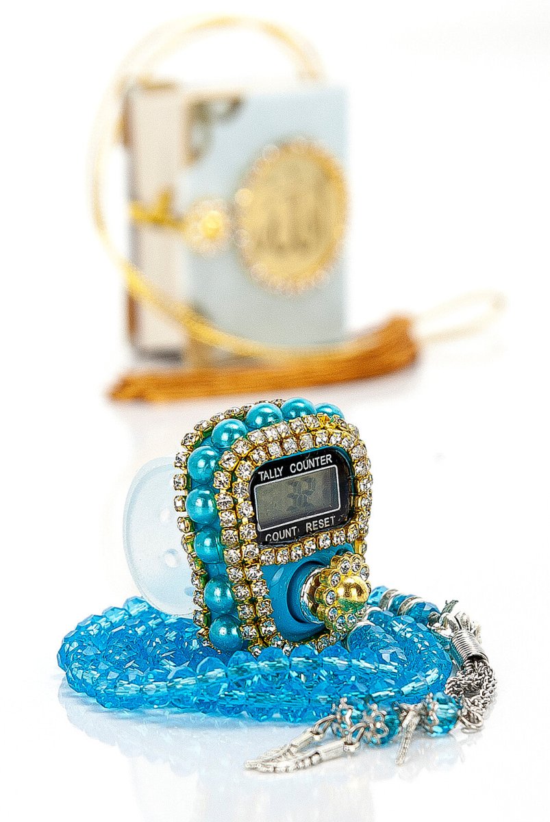 Stone Designed Dhikrmatic and Mini Quran Gift Set with Crystal Stone Paryer Bead - Blue Color - TryAladdin