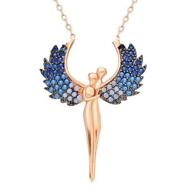 Taki | Hugging Couple Silver Necklace with Blue Stone Michael Angel Wings - TryAladdin