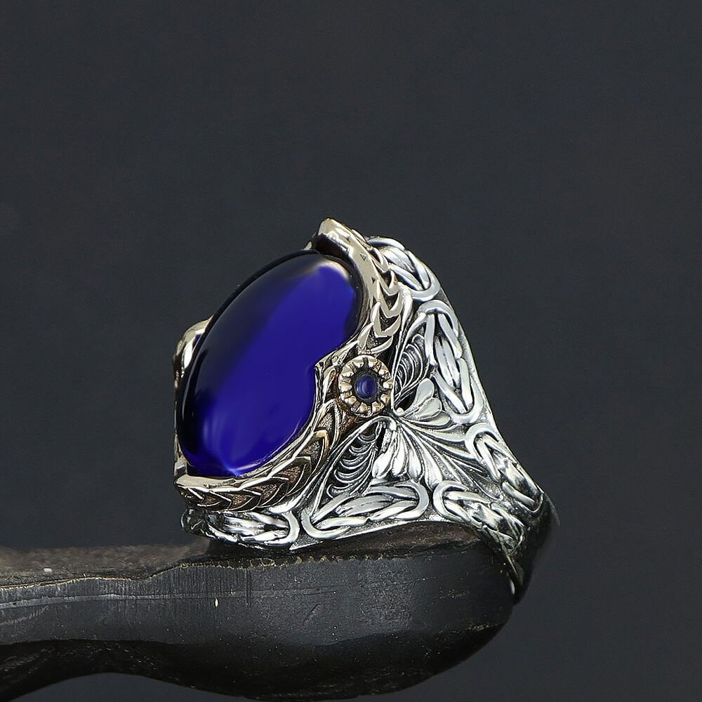 Tesbihevim | Silver Ring for Men with Parliament Blue Zircon Stone - TryAladdin