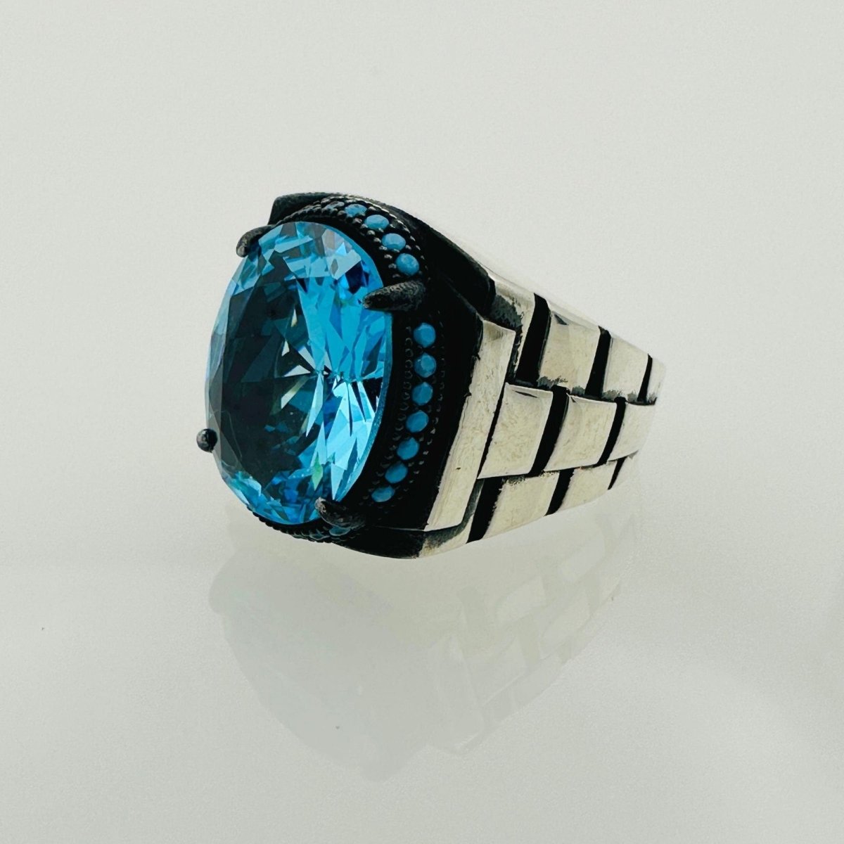 Turkish Handmade Men's Aquamarine Oval Ring - TryAladdin