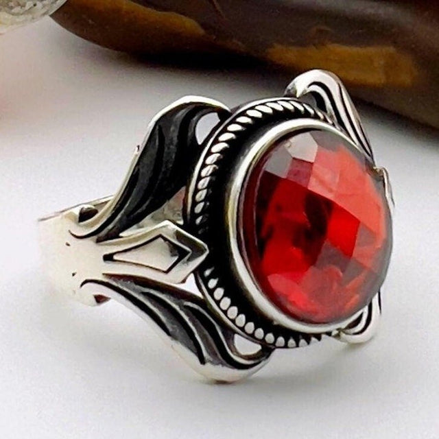 Unisex Red Zircon Stone Silver Ring - TryAladdin