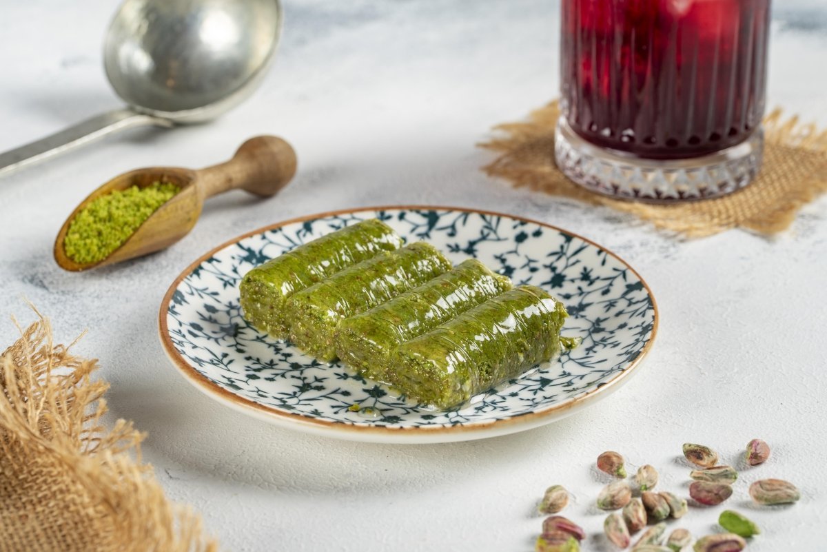 Koskeroglu | Antep Pistachio Sarma Baklava Rolls with Gift Metal Box - TryAladdin