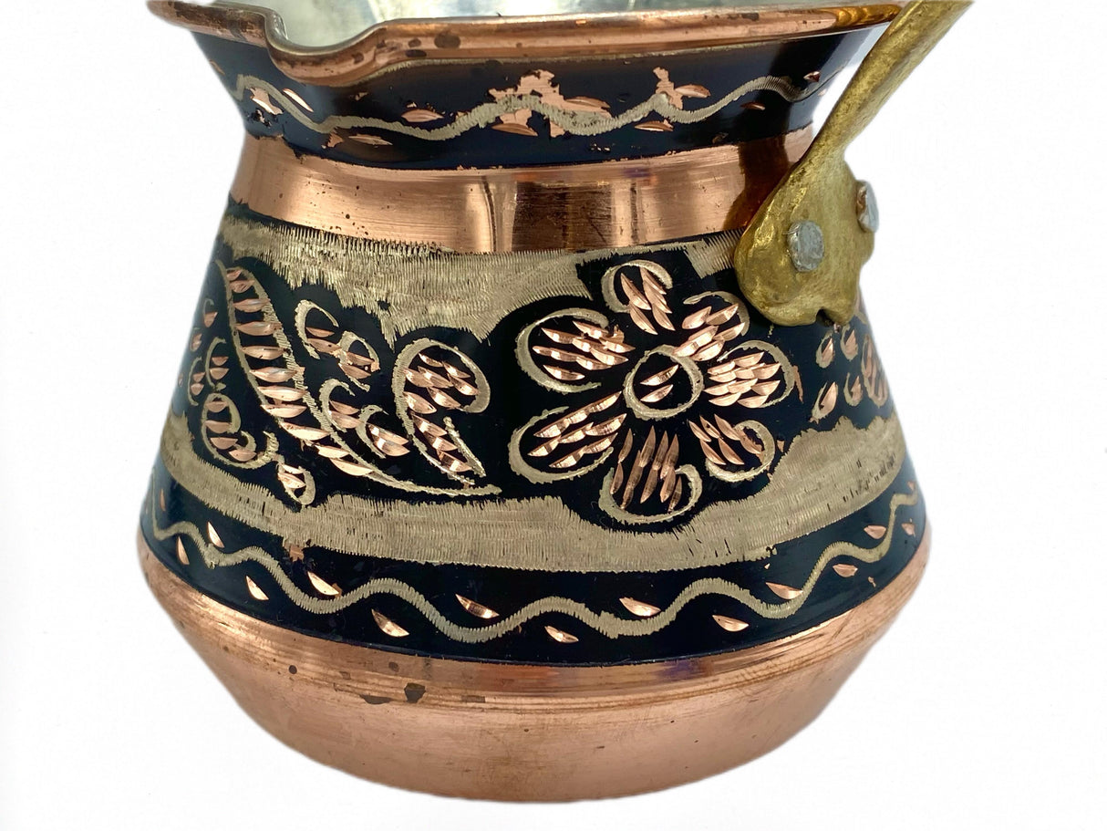 Lavina | Copper Turkish Coffee Pot Black Flower Design with Wooden Handle No. 1 - TryAladdin