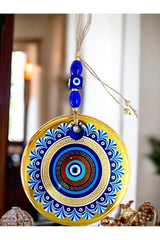 Golden Glass Blue Motif Nazar Beaded Wall Ornament - TryAladdin