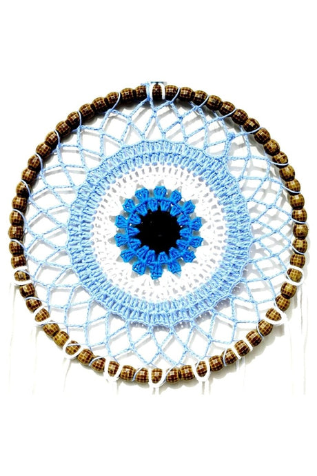 Handmade Ice Blue Dream Catcher Wall Ornament with Nazar Bead Motif - TryAladdin