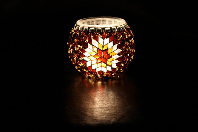 HND Handicraft | Handmade Glass Mosaic Candle Holder, Dark Red and White Star - TryAladdin