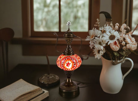 HND Handicraft | Handmade Glass Mosaic Desk Lamp, Red and Orange Star Teapot Design - TryAladdin