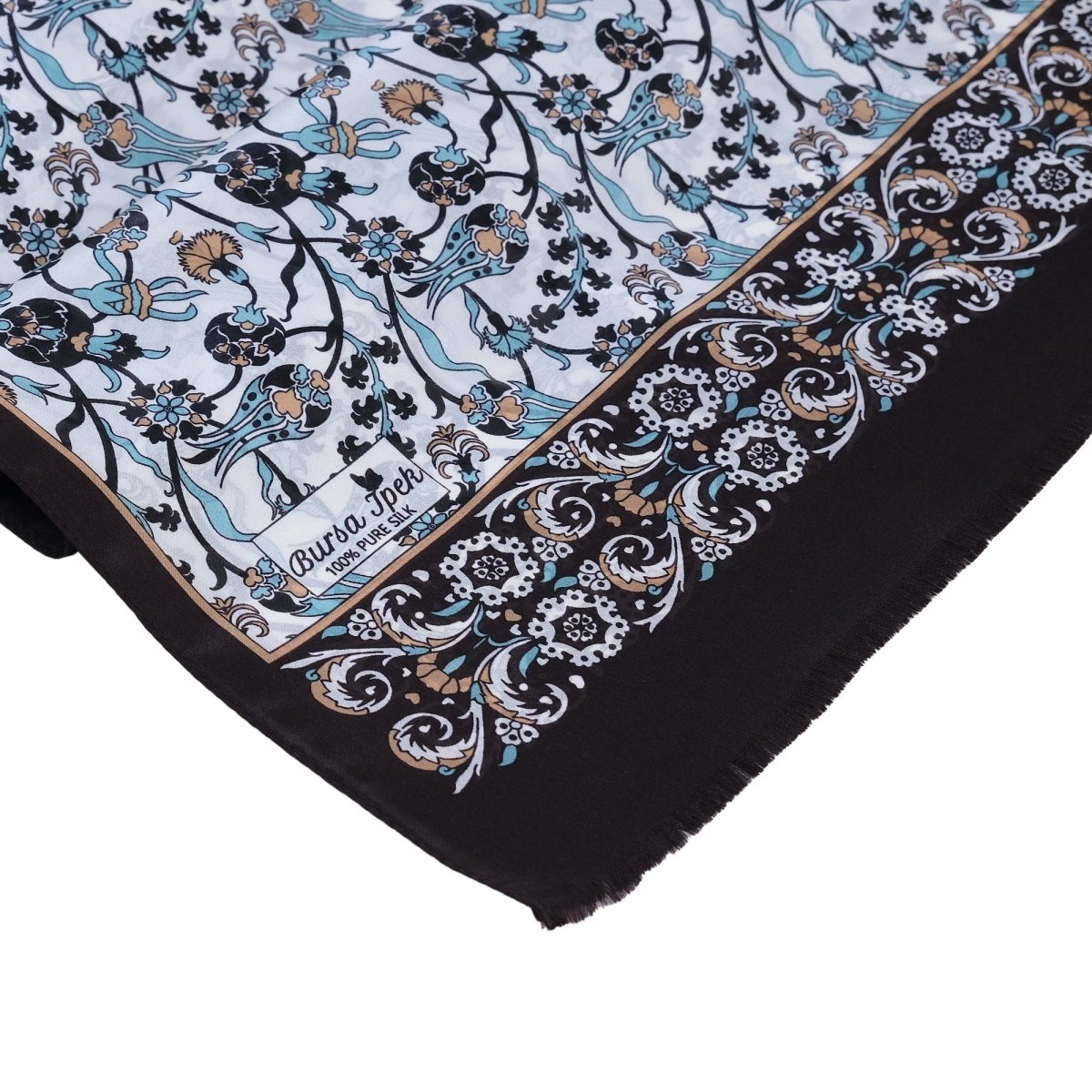 Sira Lale Elegant Silk Scarf in Chocolate Brown, Cream & Sky Blue - TryAladdin